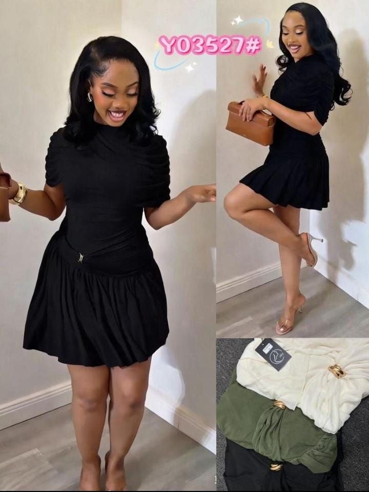 Women's Elegant Black Ruched Mini Dress with Flared Skirt